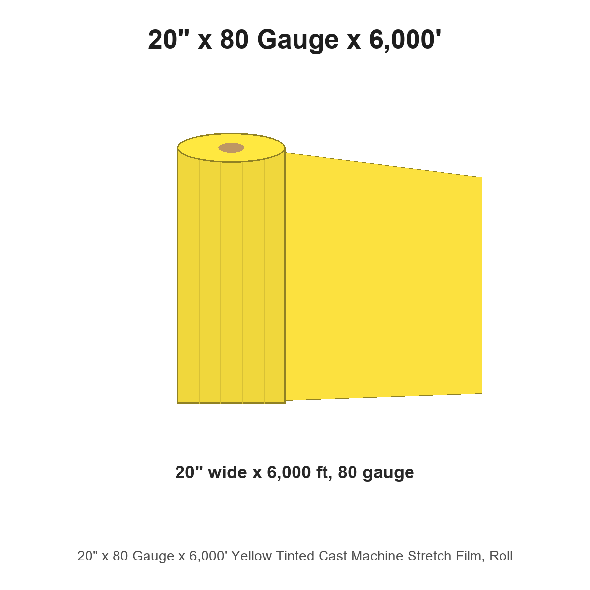 20" x 80 Gauge x 6,000' Yellow Tinted Cast Machine Stretch Film, Roll