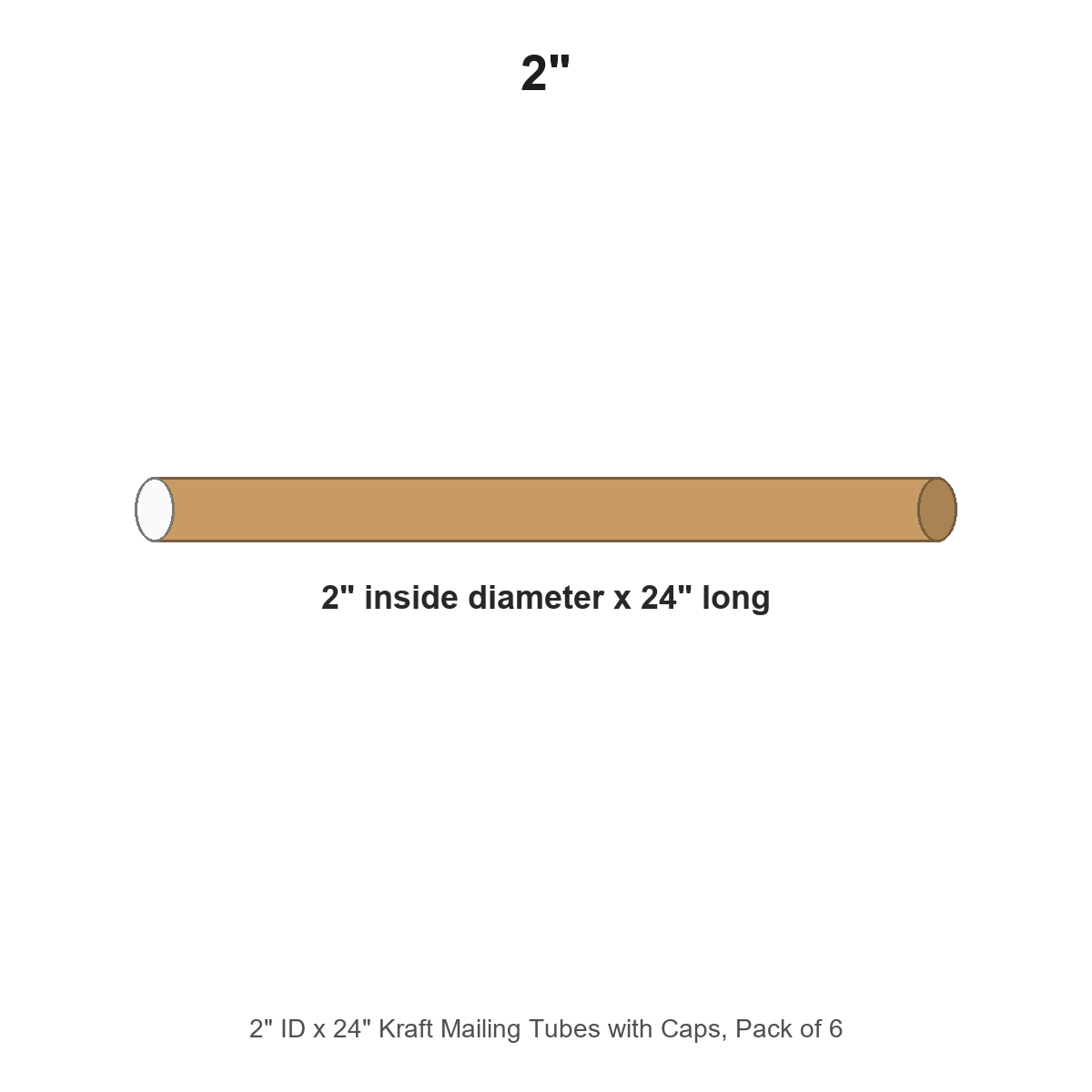 2" ID x 24" Kraft Mailing Tubes with Caps, Pack of 6