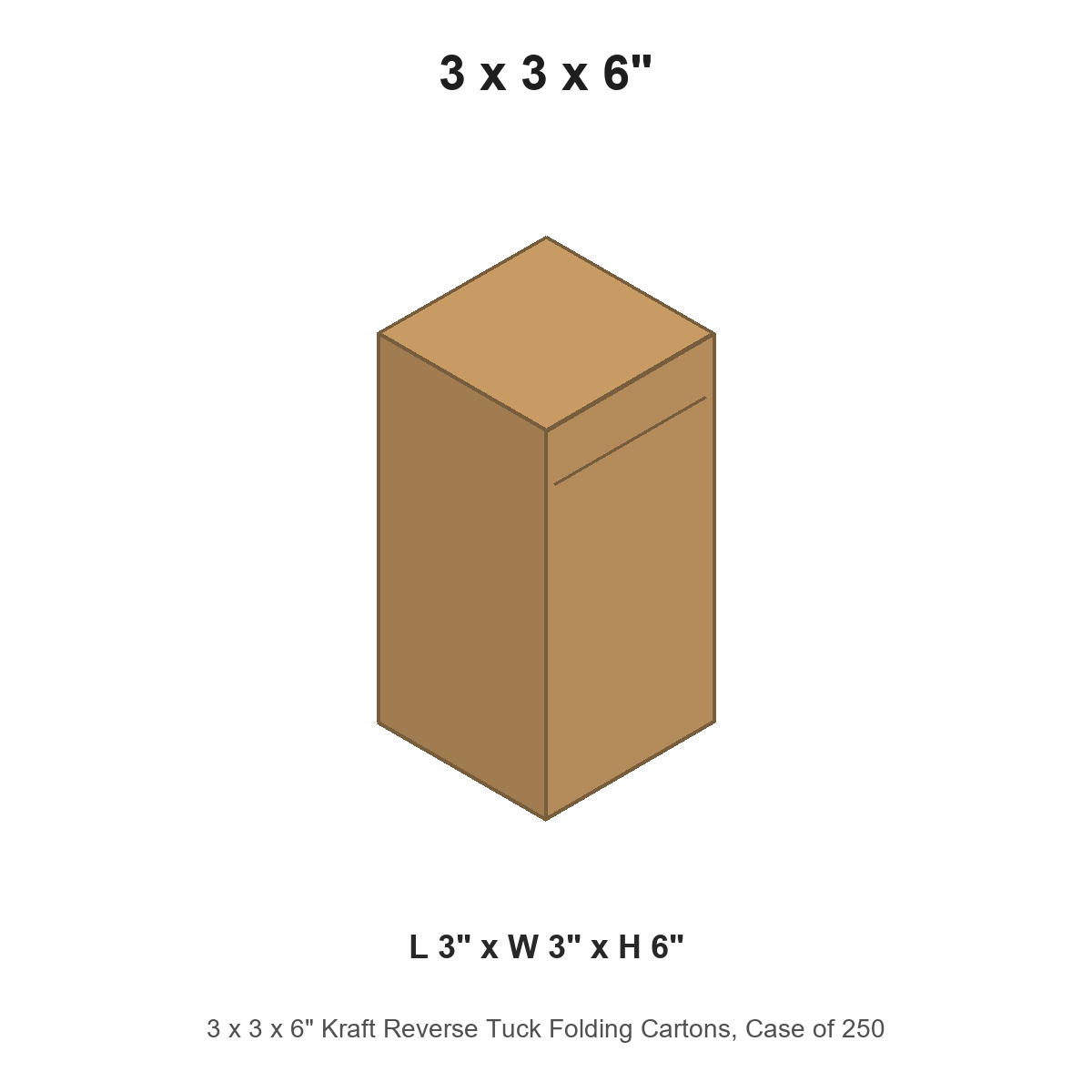3 x 3 x 6" Kraft Reverse Tuck Folding Cartons, Case of 250