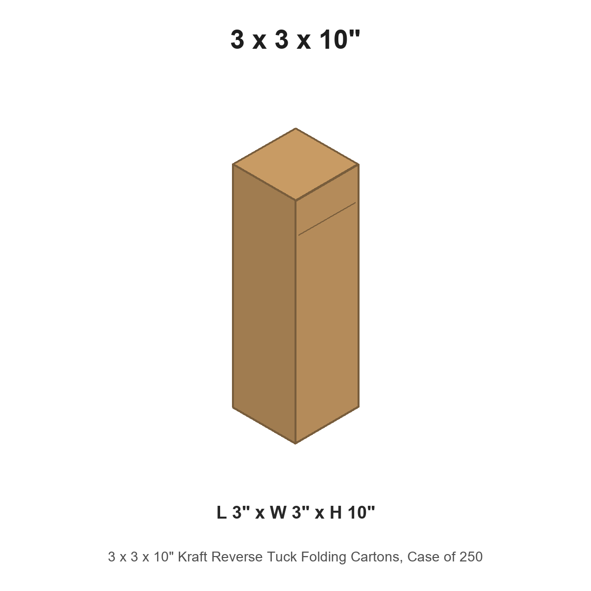 3 x 3 x 10" Kraft Reverse Tuck Folding Cartons, Case of 250