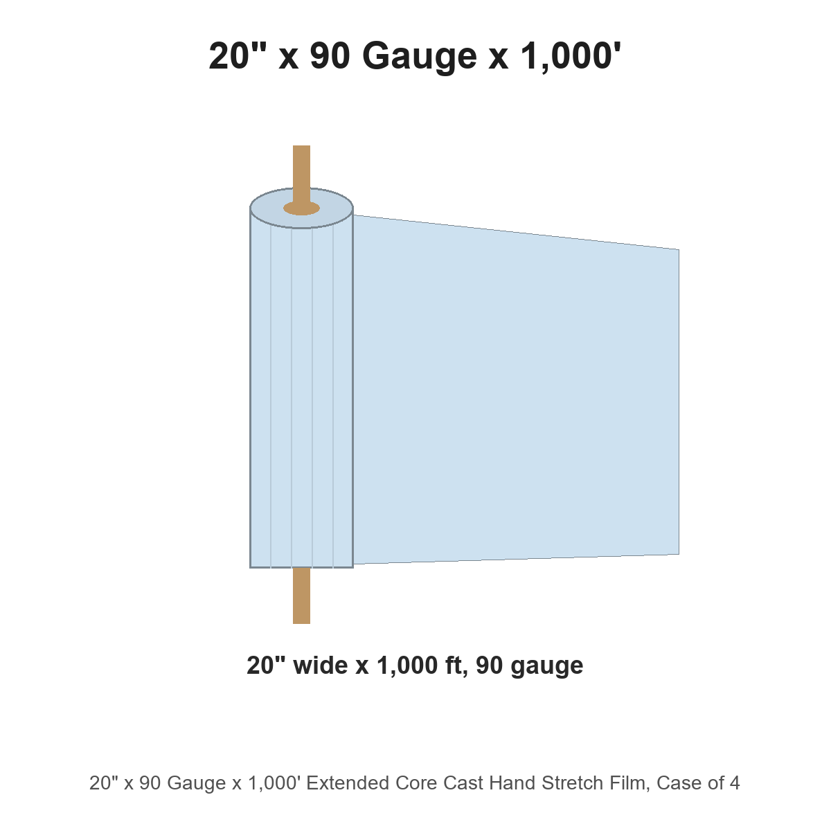 20" x 90 Gauge x 1,000' Extended Core Cast Hand Stretch Film