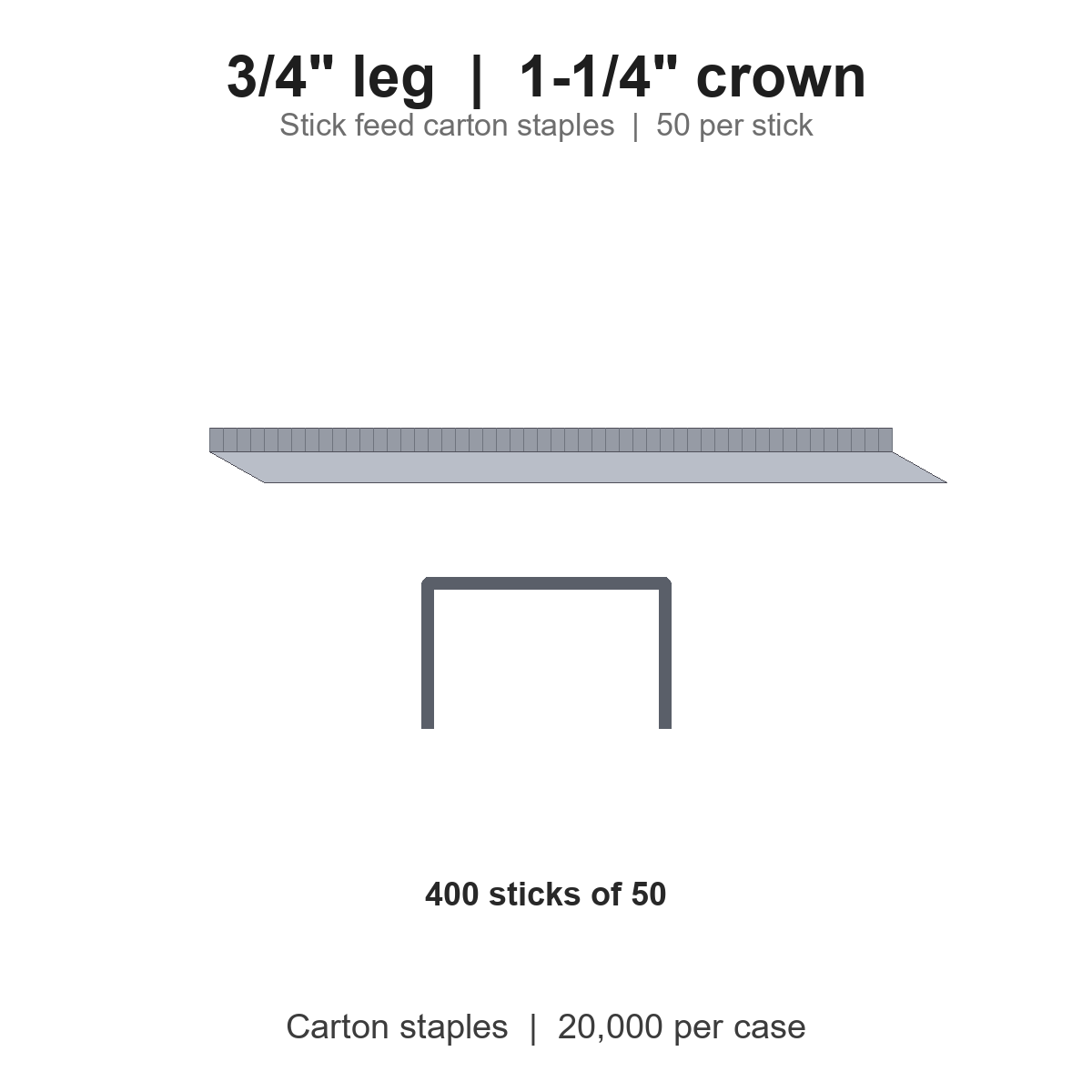 3/4" Stick Feed Carton Staples, 1-1/4" Crown, Case of 20,000