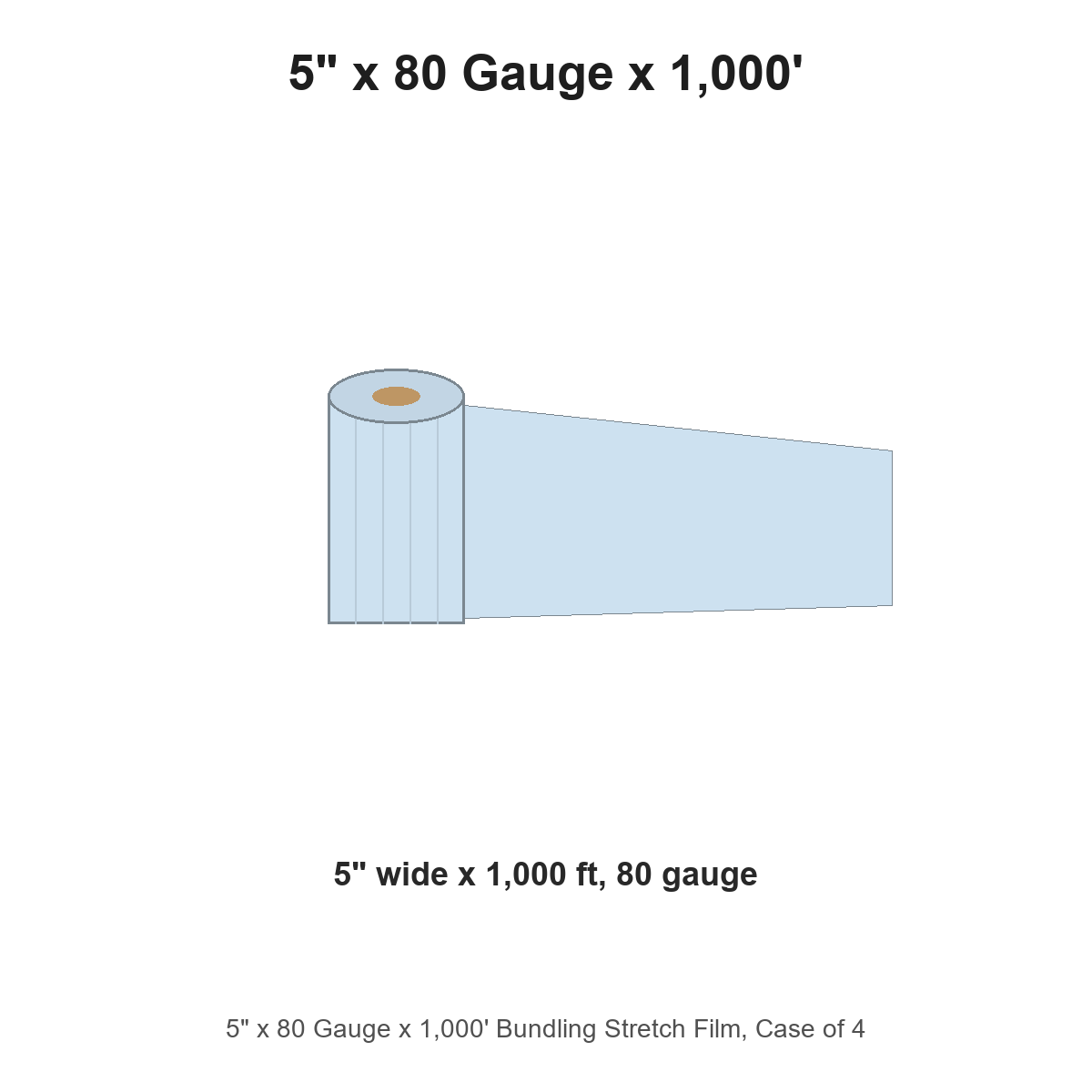 5" x 80 Gauge x 1,000' Bundling Stretch Film, Case of 4