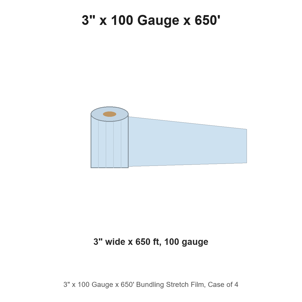 3" x 100 Gauge x 650' Bundling Stretch Film, Case of 4