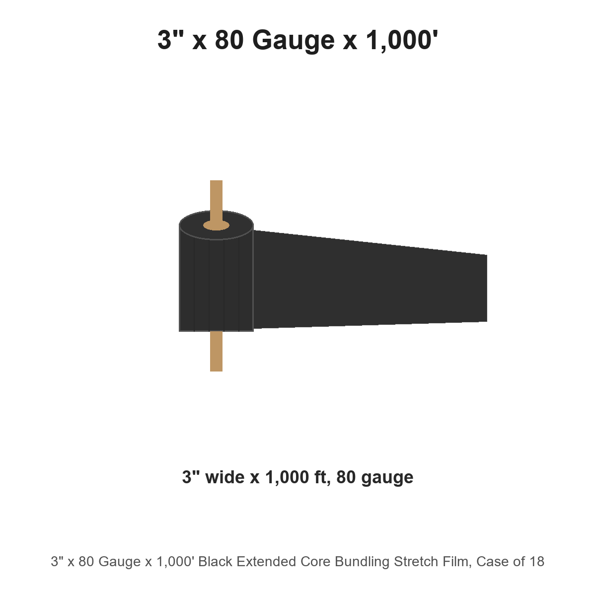 3" x 80 Gauge x 1,000' Black Extended Core Bundling Stretch Film