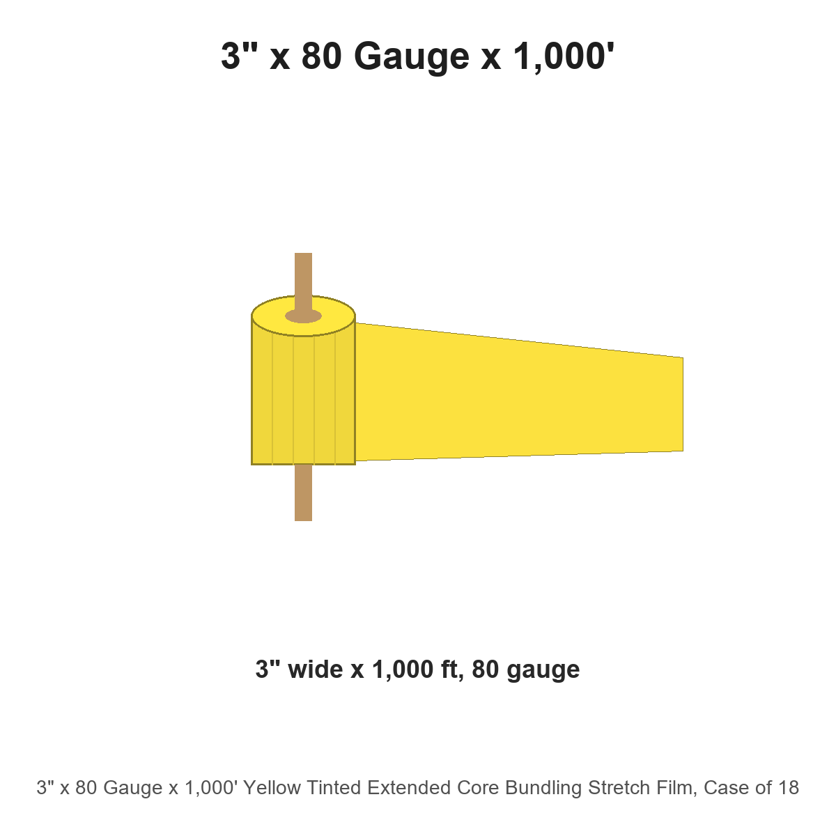 3" x 80 Gauge x 1,000' Yellow Tinted Extended Core Bundling Stretch Film