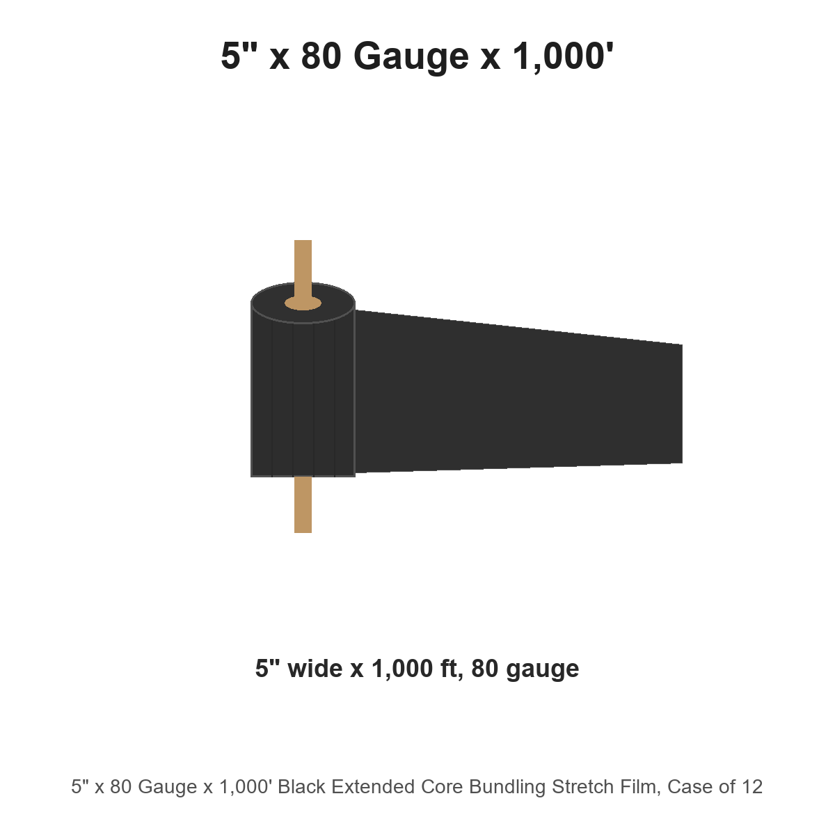 5" x 80 Gauge x 1,000' Black Extended Core Bundling Stretch Film