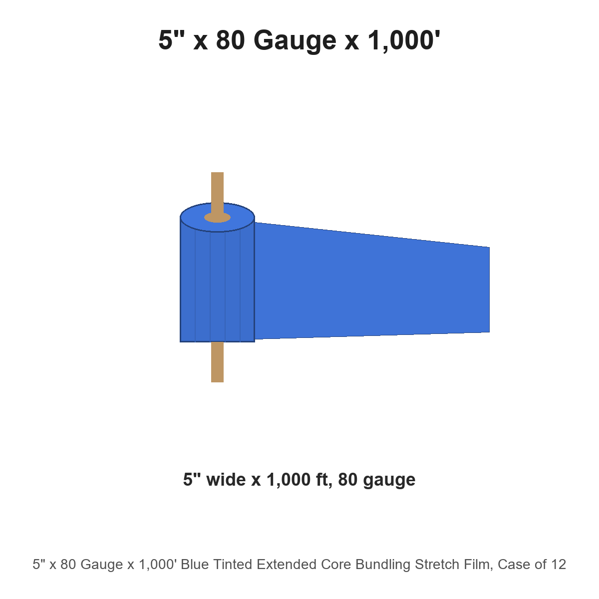 5" x 80 Gauge x 1,000' Blue Tinted Extended Core Bundling Stretch Film