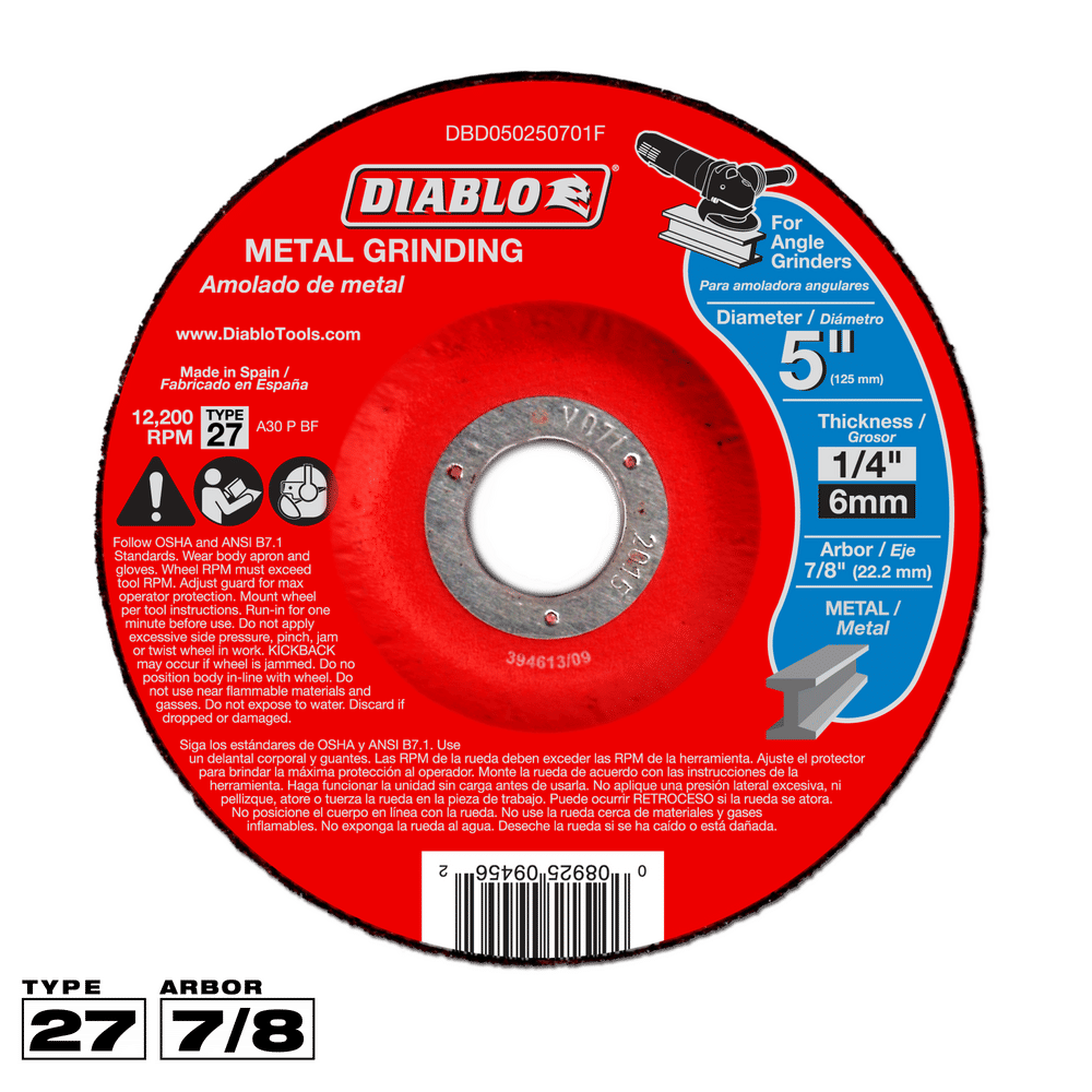 Diablo 5 in. D X 7/8 in. X 1/4 in. thick Aluminum Oxide Metal Grinding Disc 1 pc