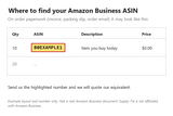 Example showing where to find a Amazon Business ASIN or product link (example number, not a real document)