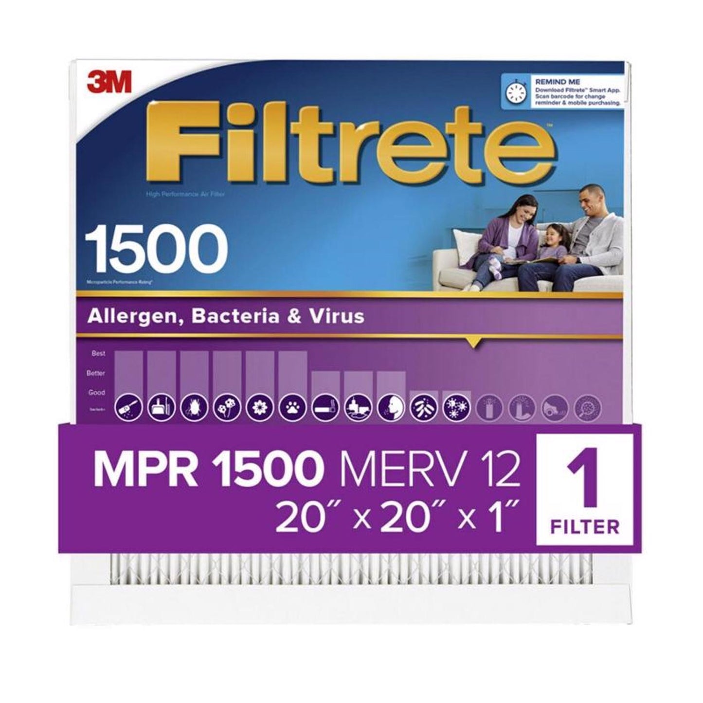 Filtrete 20 in. W X 20 in. H X 1 in. 1500 MPR Pleated Allergen Air Filter 1 pk