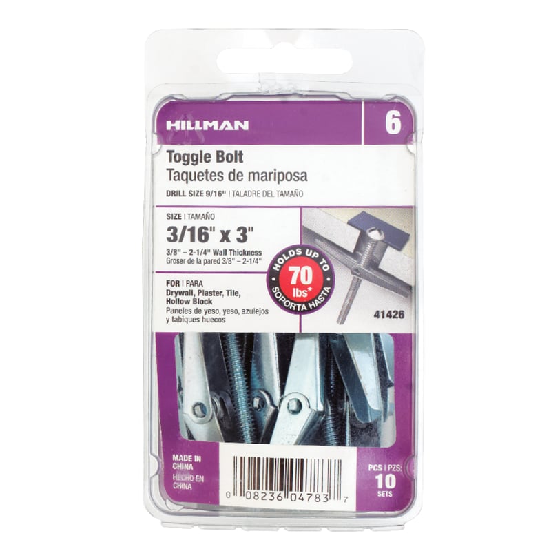HILLMAN 3/16 in. D X 3 in. L Round Zinc-Plated Steel Toggle Bolt 10 pk