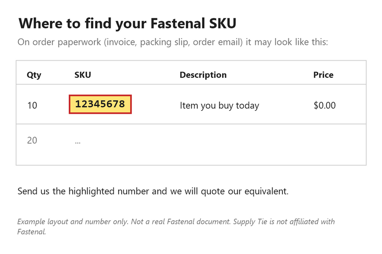 Example showing where to find a Fastenal SKU (example number, not a real document)