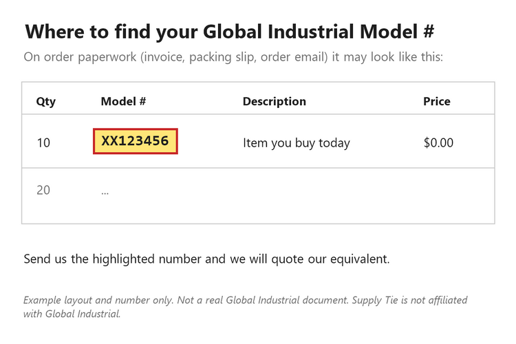 Example showing where to find a Global Industrial model number (example number, not a real document)