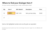 Example showing where to find a Grainger item number (example number, not a real document)
