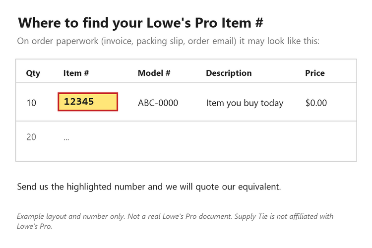 Example showing where to find a Lowe's Pro item number (example number, not a real document)
