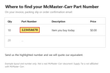 Example showing where to find a McMaster-Carr part number (example number, not a real document)
