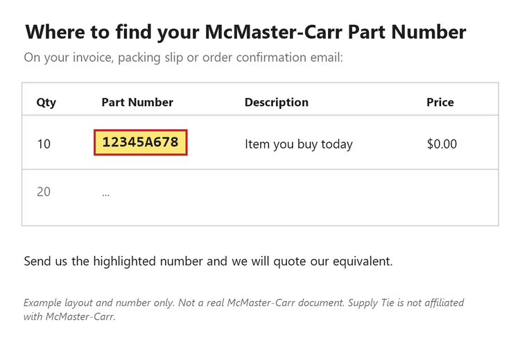 Example showing where to find a McMaster-Carr part number (example number, not a real document)