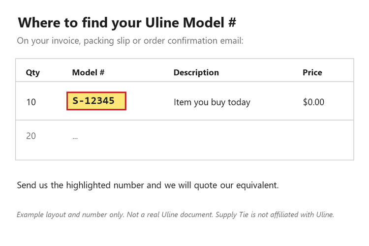 Example showing where to find a Uline model number (example number, not a real document)