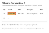Example showing where to find a Zoro item number (Zoro #) (example number, not a real document)