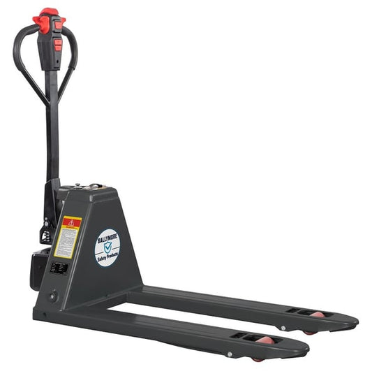 Semi-electric powered pallet jack with forks under a loaded pallet