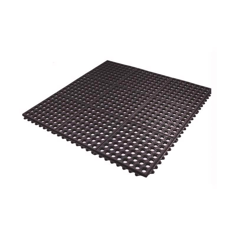 Black rubber anti-fatigue floor mat with an open drainage-hole surface