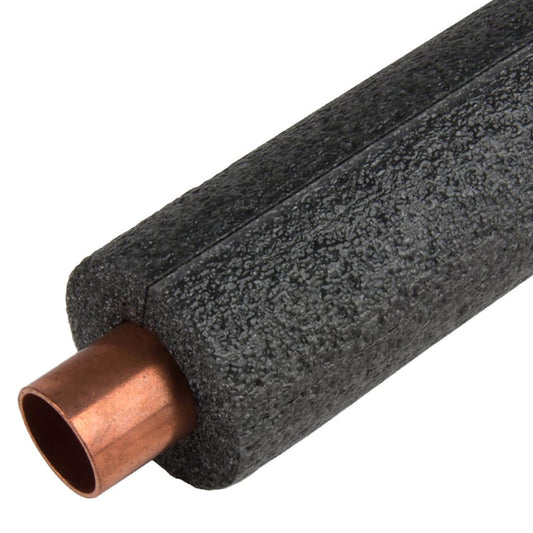 Slit foam pipe insulation sleeve sized to fit over copper or iron pipe