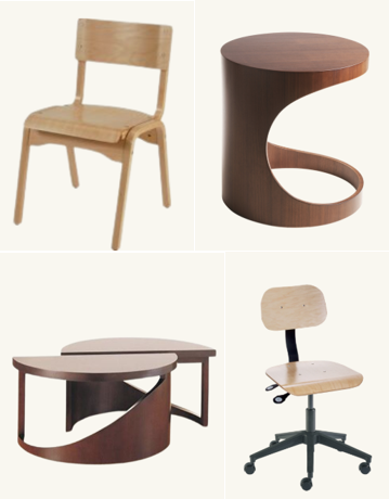 Chairs, a stool and a table built from curved bent plywood panels