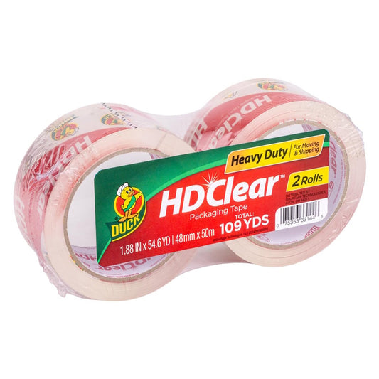Two-pack of Duck HD Clear heavy duty packaging tape rolls for carton sealing