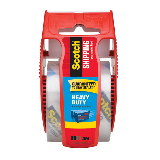 3M Scotch heavy-duty packaging tape roll loaded in a handheld tape dispenser