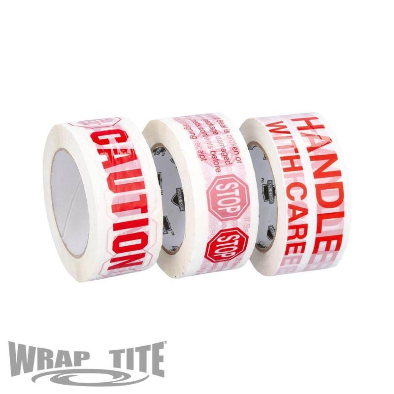 Rolls of red printed carton sealing tape marked Caution and Handle With Care