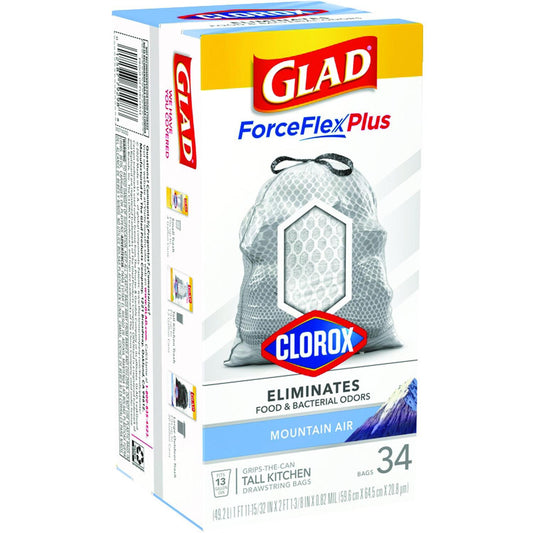 Glad Force Flex Plus 13 gal Mountain Air Tall Kitchen Bags Drawstring 34 pk