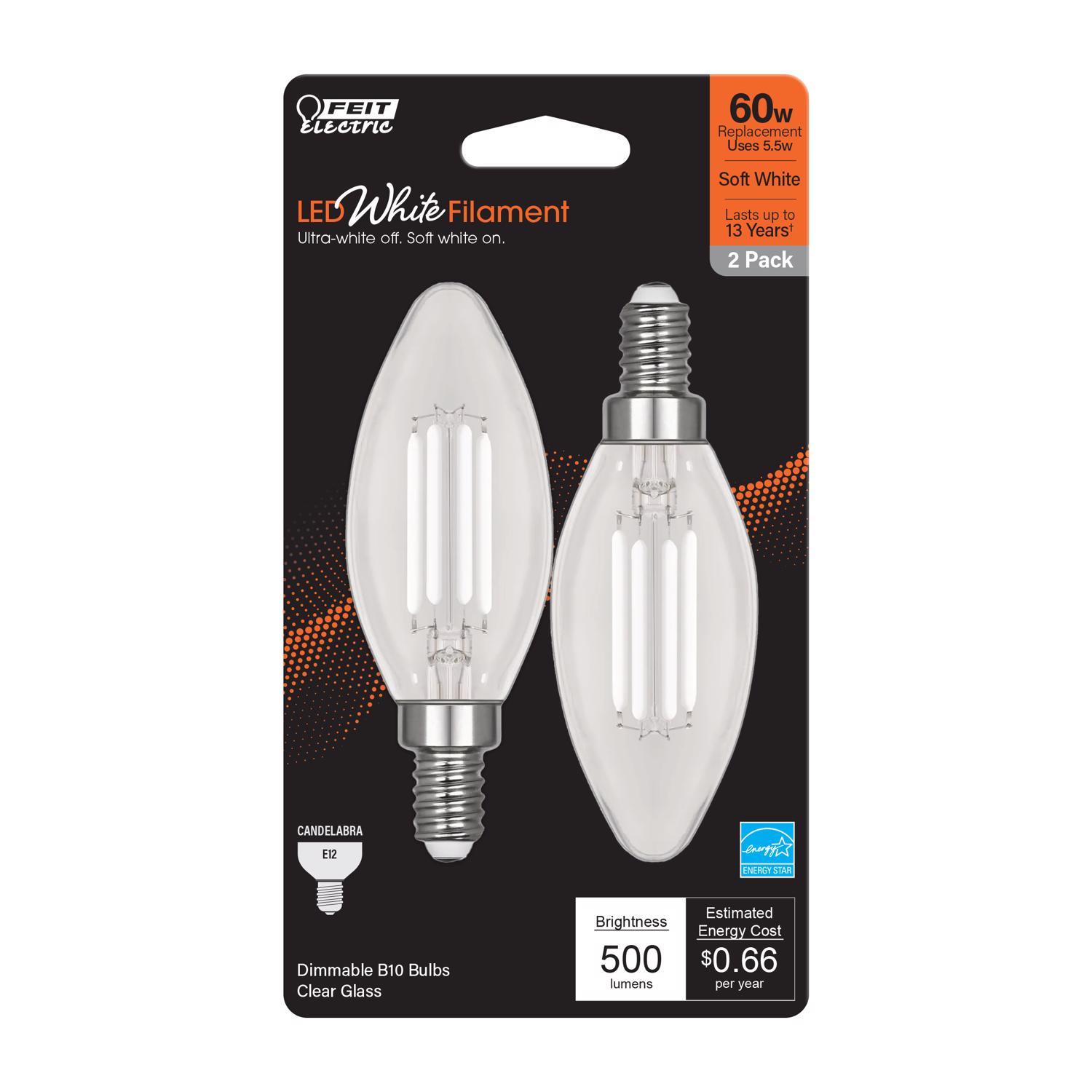 Feit White B10 E12 (Candelabra) Filament LED Bulb Soft White 60 Watt Equivalence 2 pk