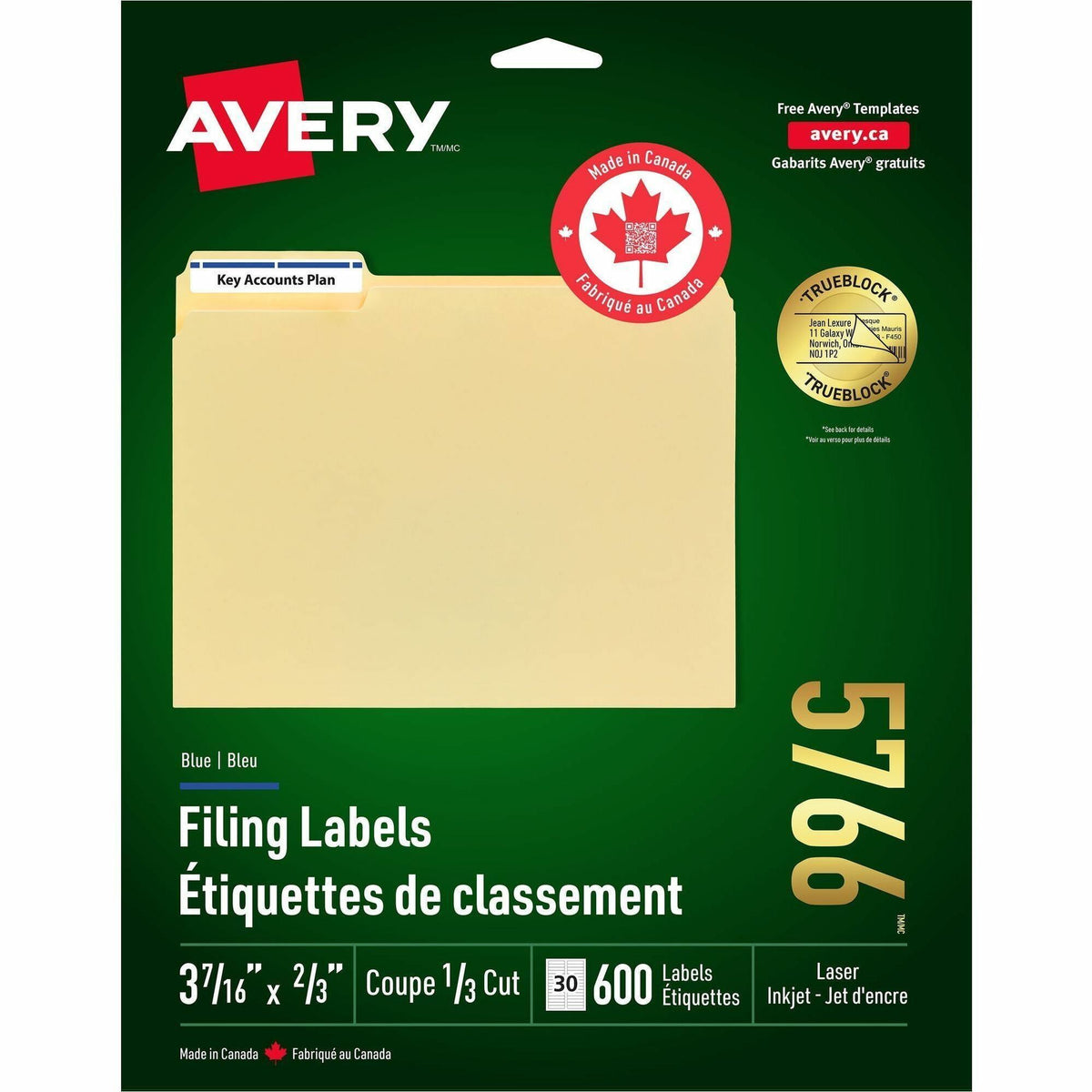 Avery® Blue Filing Labels - Permanent Adhesive - Laser, Inkjet - Blue - 30 / Sheet - 1500 / Box
