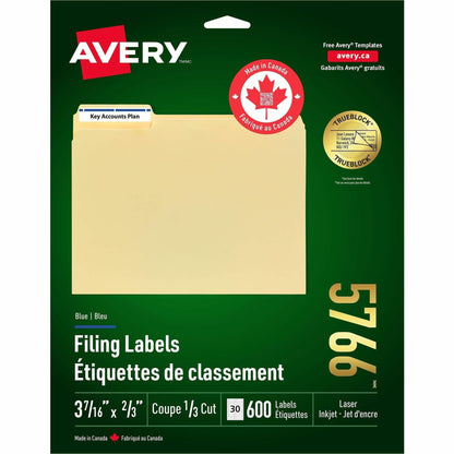 Avery® Blue Filing Labels - Permanent Adhesive - Laser, Inkjet - Blue - 30 / Sheet - 1500 / Box