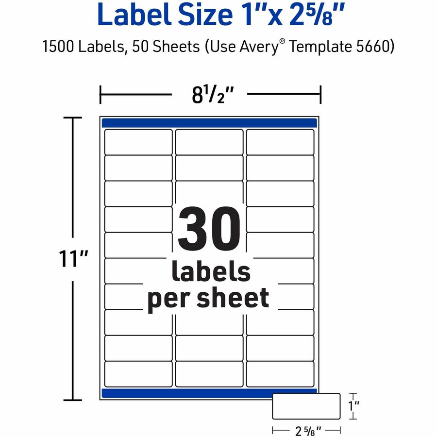 Avery Address Labels, 1" x 2-5/8" , Matte Clear, 1,500ct (5660) - x 1" Width x 2 5/8" Length - Full Sheet - Permanent Ad