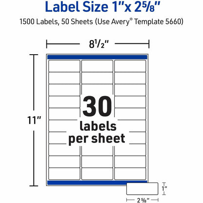 Avery Address Labels, 1" x 2-5/8" , Matte Clear, 1,500ct (5660) - x 1" Width x 2 5/8" Length - Full Sheet - Permanent Ad