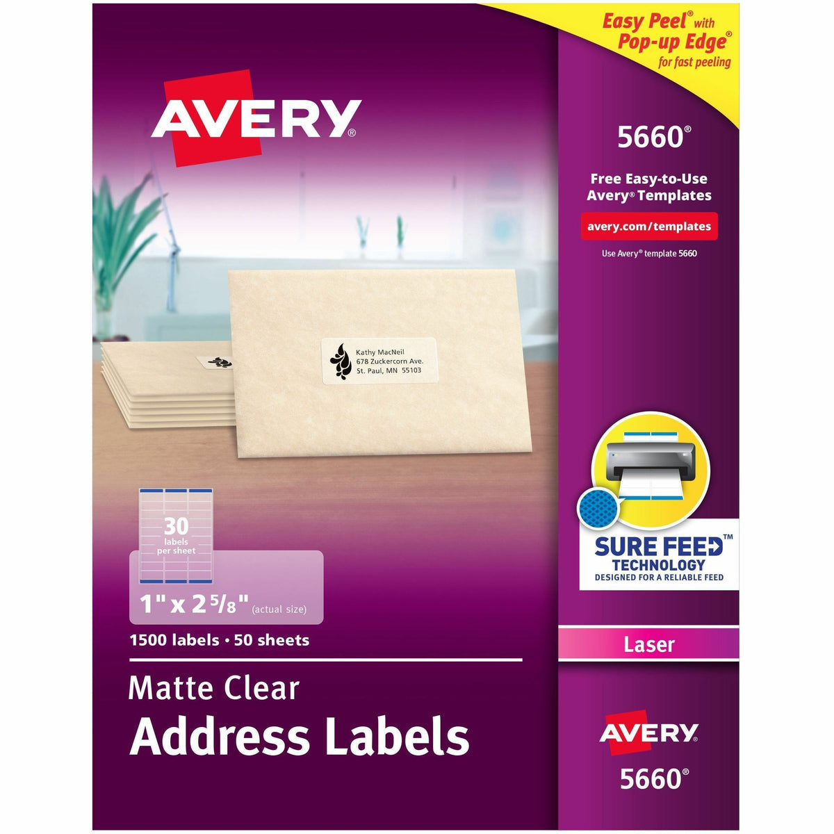 Avery Address Labels, 1" x 2-5/8" , Matte Clear, 1,500ct (5660) - x 1" Width x 2 5/8" Length - Full Sheet - Permanent Ad