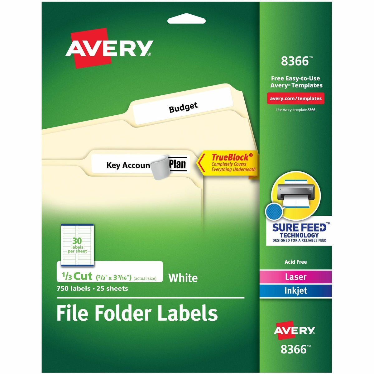 Avery® File Folder Labels - 2/3" Width x 3 7/16" Length - Permanent Adhesive - Rectangle - Inkjet, Laser - Matte - White