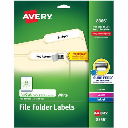 Avery® File Folder Labels - 2/3" Width x 3 7/16" Length - Permanent Adhesive - Rectangle - Inkjet, Laser - Matte - White