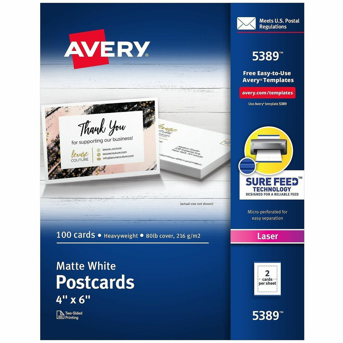 Avery® Sure Feed Postcards - 97 Brightness - 4" x 6" - 80 lb Basis Weight - 216 g/m² Grammage - Matte - FSC - 100 / Box