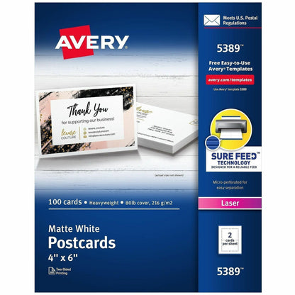 Avery® Sure Feed Postcards - 97 Brightness - 4" x 6" - 80 lb Basis Weight - 216 g/m² Grammage - Matte - FSC - 100 / Box