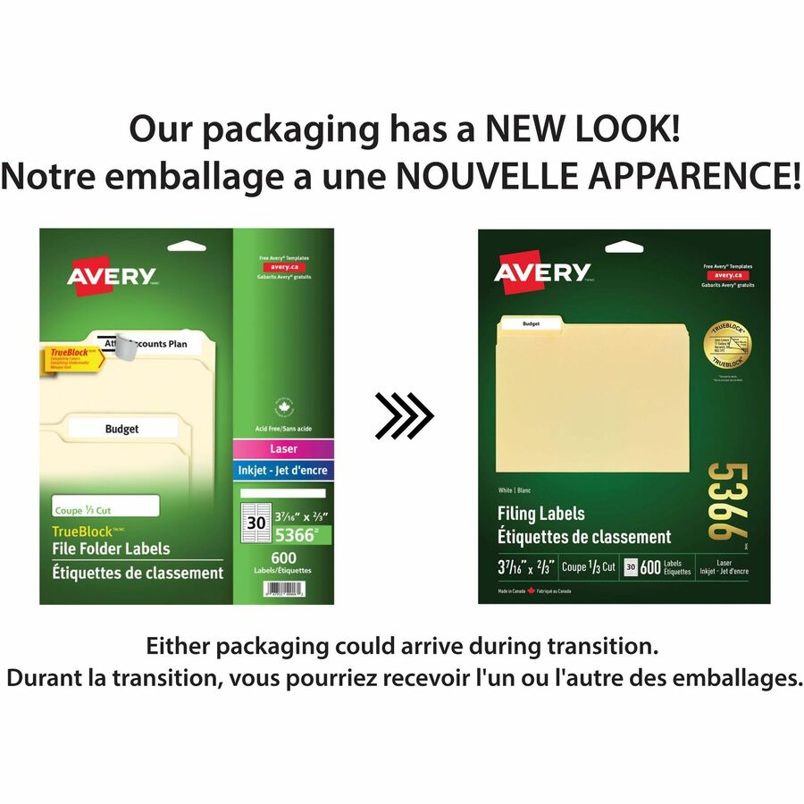 Avery® White Filing Labels - Permanent Adhesive - Laser, Inkjet - White - 30 / Sheet - 1500 / Box