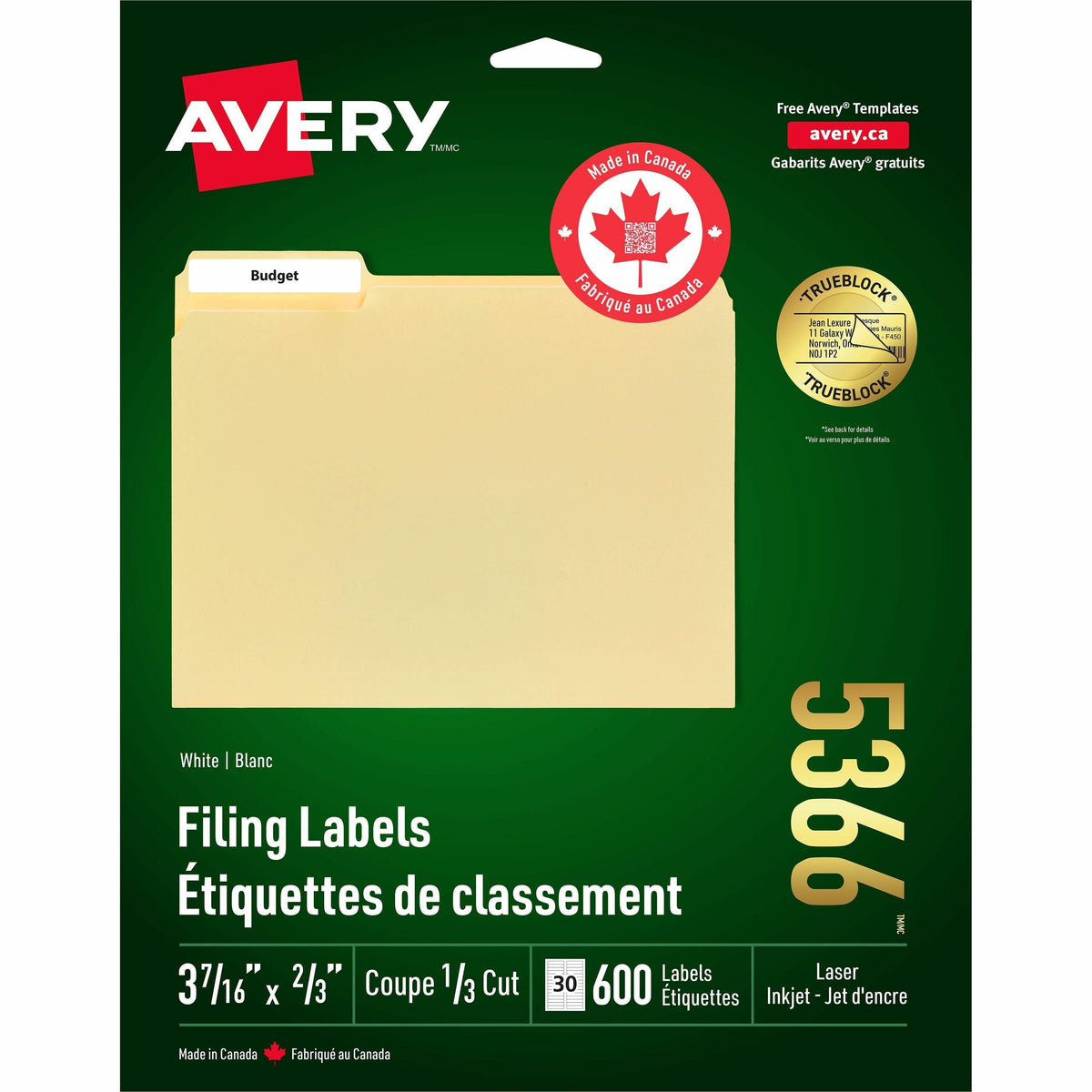 Avery® White Filing Labels - Permanent Adhesive - Laser, Inkjet - White - 30 / Sheet - 1500 / Box