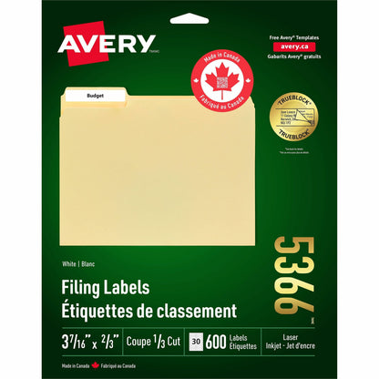 Avery® White Filing Labels - Permanent Adhesive - Laser, Inkjet - White - 30 / Sheet - 1500 / Box