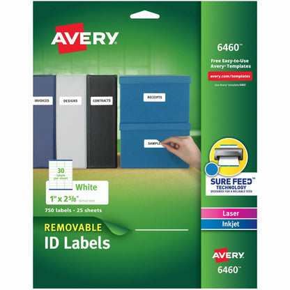 Avery® Removable I.D. Laser/Inkjet Labels - 1" Width x 2 5/8" Length - Removable Adhesive - Rectangle - Inkjet, Laser - 