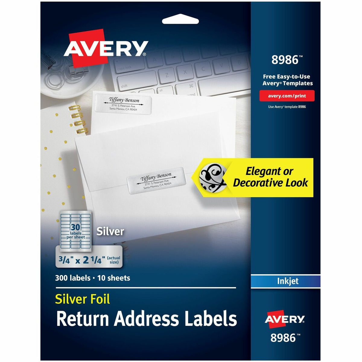 Avery® Gold Foil Mailing Labels - 3/4" Width x 2 1/4" Length - Permanent Adhesive - Rectangle - Inkjet - Silver - Paper 