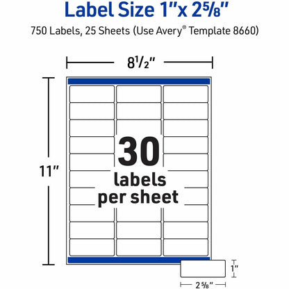 Avery® Easy Peel Inkjet Printer Mailing Labels - x 1" Width x 2 5/8" Length - Permanent Adhesive - Rectangle - Inkjet - 