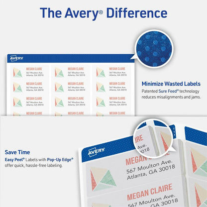 Avery® Easy Peel Inkjet Printer Mailing Labels - x 1" Width x 2 5/8" Length - Permanent Adhesive - Rectangle - Inkjet - 