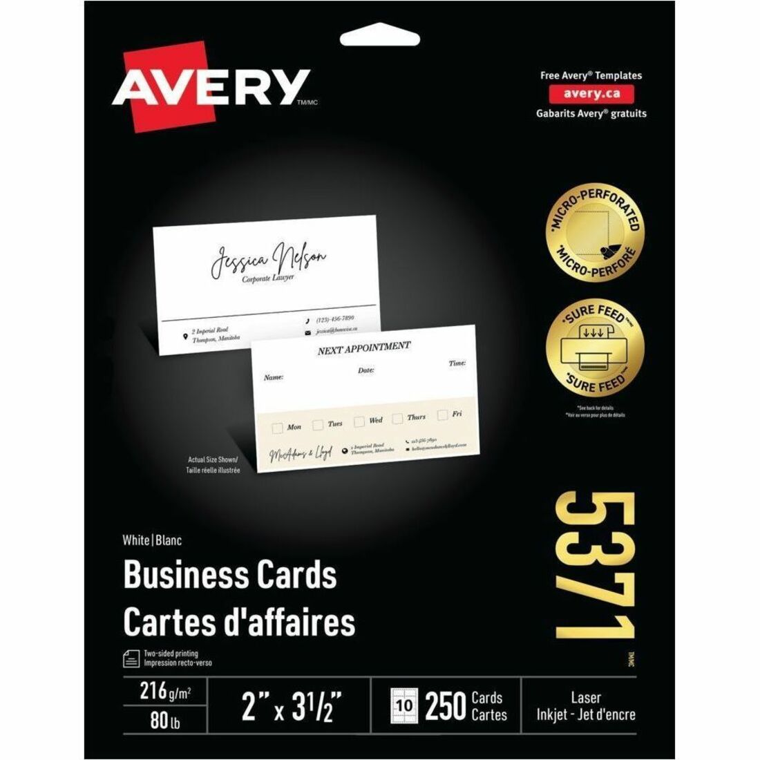 Avery® Business Cards with Sure Feed™ Technology - 216 g/m² Grammage - FSC - Micro Perforated, Uncoated, Heavyweight, Pe